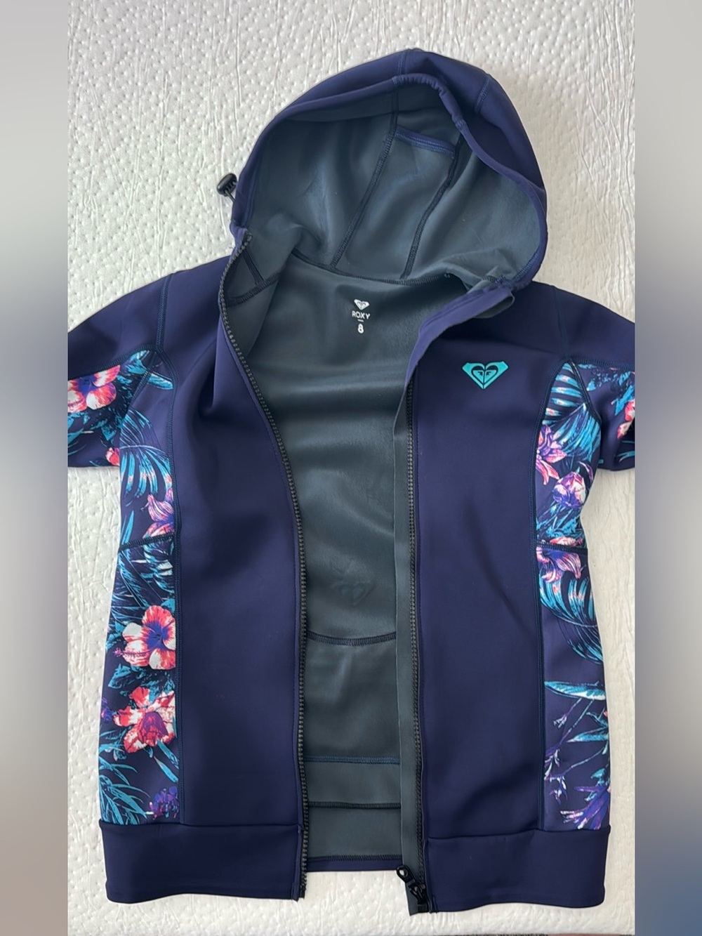Roxy🩵🌺Wetsuit Jacket Syncro Navy Blue Zip Hoodie Floral Hibiscus Tropical Size 8